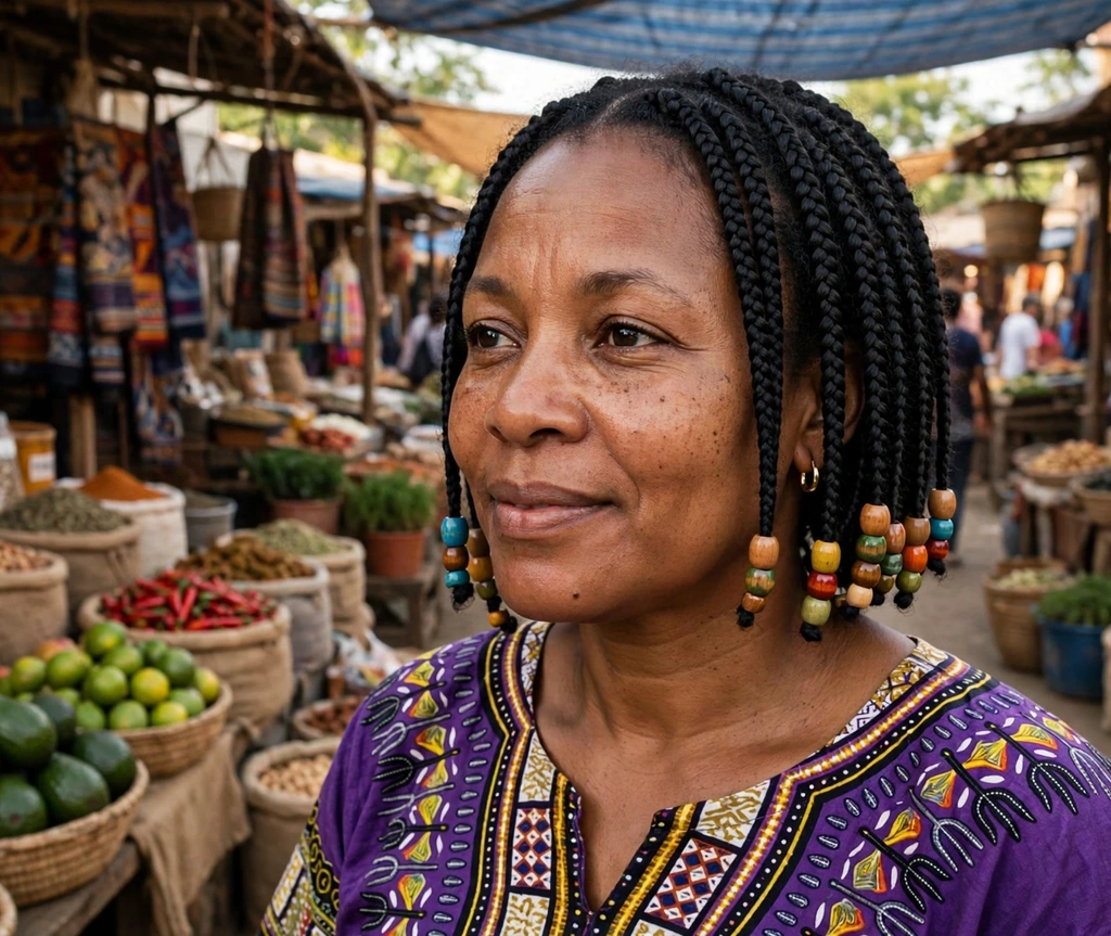 Black woman with short box braids with beads at a street market