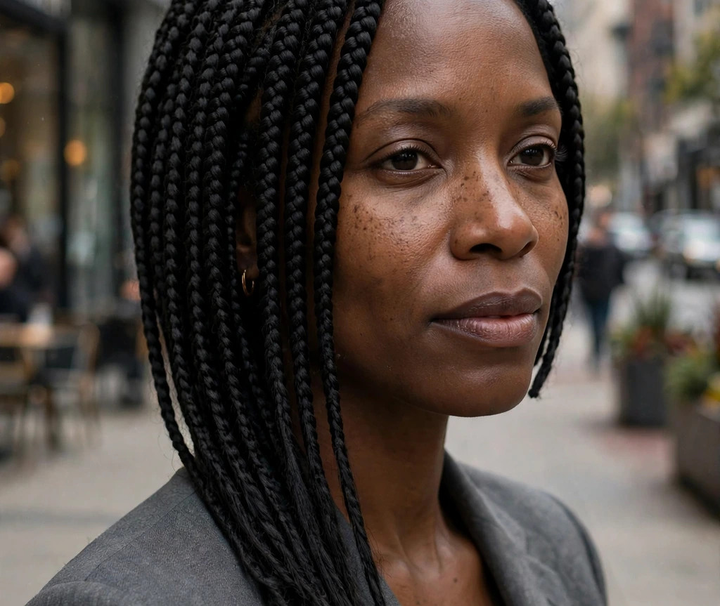 Black woman with asymmetrical bob box braids on a downtown sidewalk