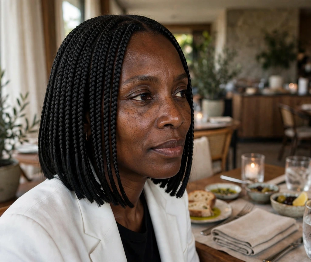 Black woman with blunt-cut bob box braids at an upscale restaurant