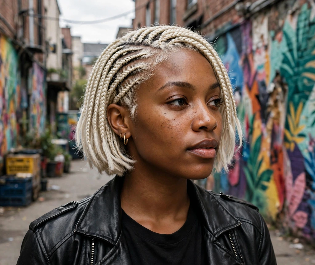 Black woman with platinum blonde bob box braids in an urban alley