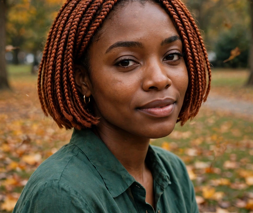 Black woman with copper short box braids in an autumn park