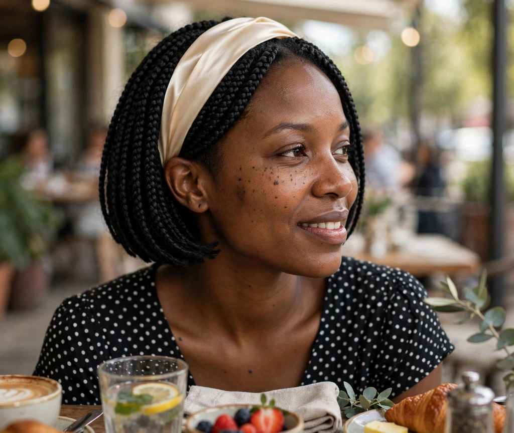 Black woman with short box braids with a satin headband at brunch