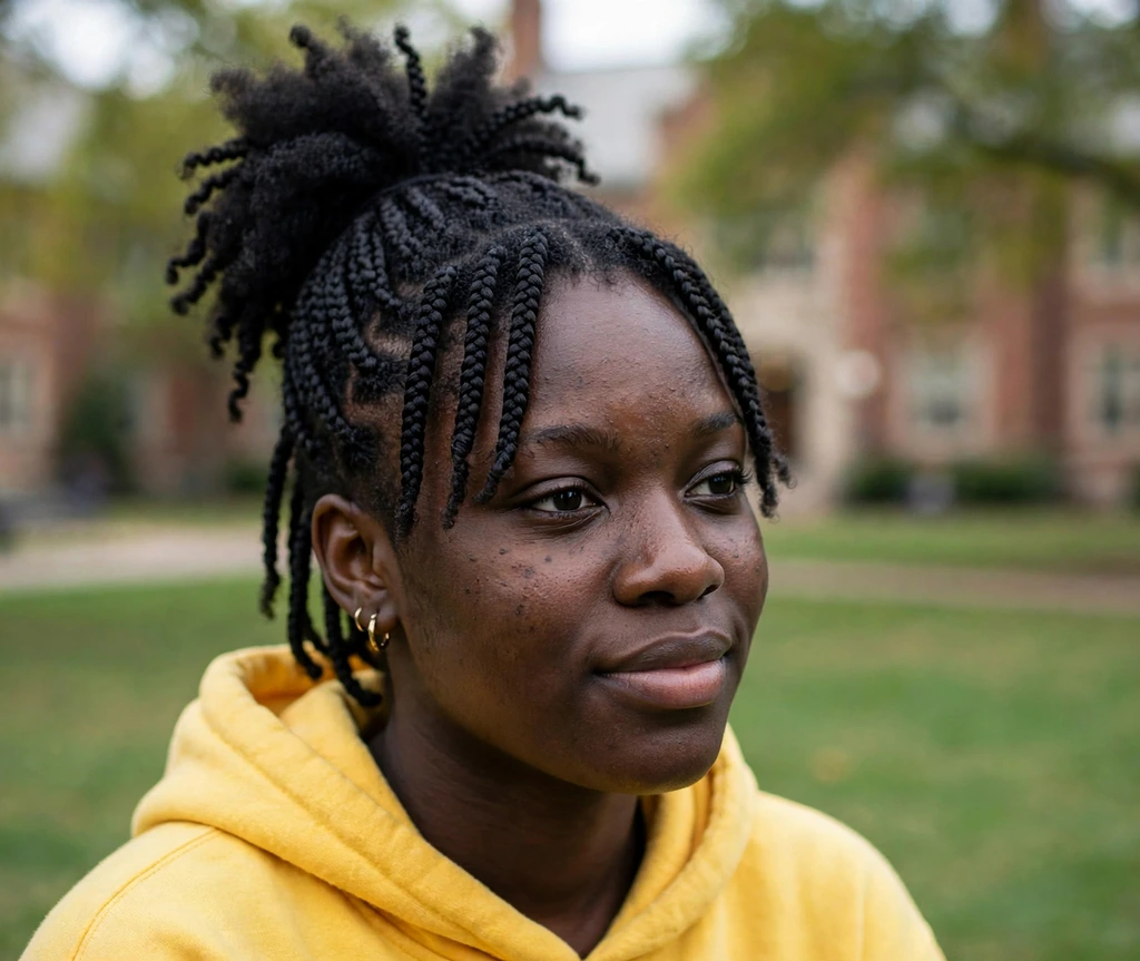 Black woman with high puff ponytail with short box braids on a college campus