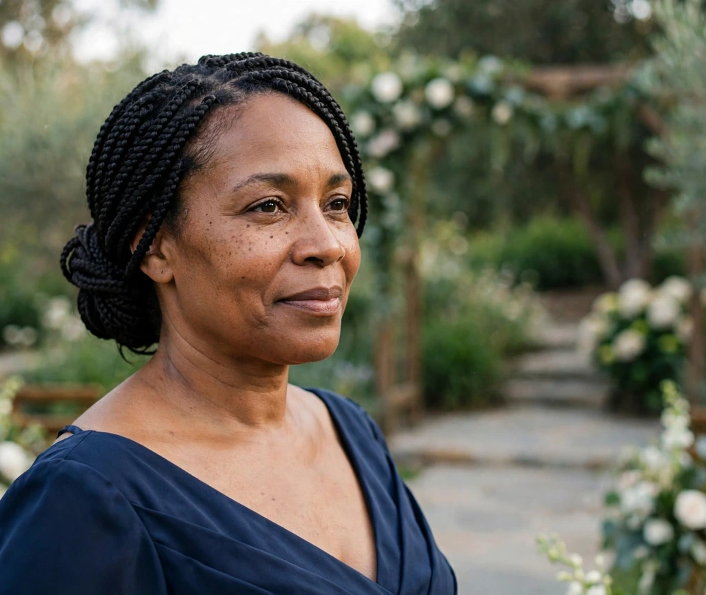 Black woman with low braided bun with bob box braids in a wedding garden