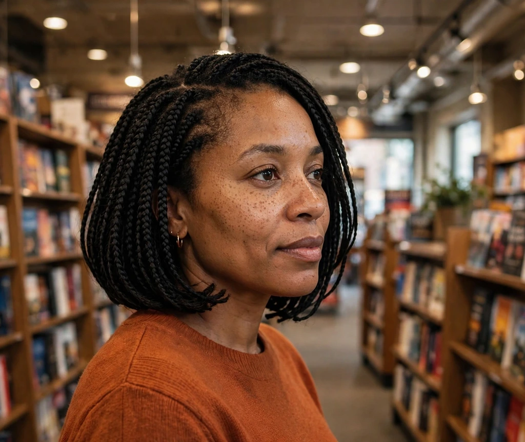 Black woman with side-swept short box braids in a bookstore