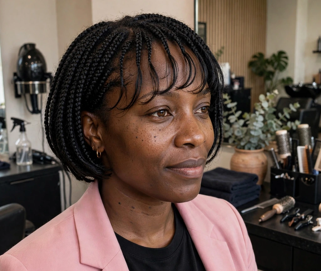 Black woman with short box braids with wispy bangs in a hair salon
