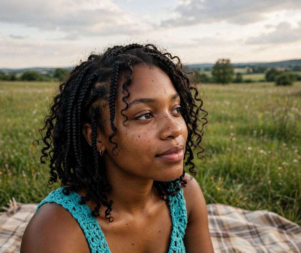 Black woman with boho short box braids with loose curls on a picnic blanket
