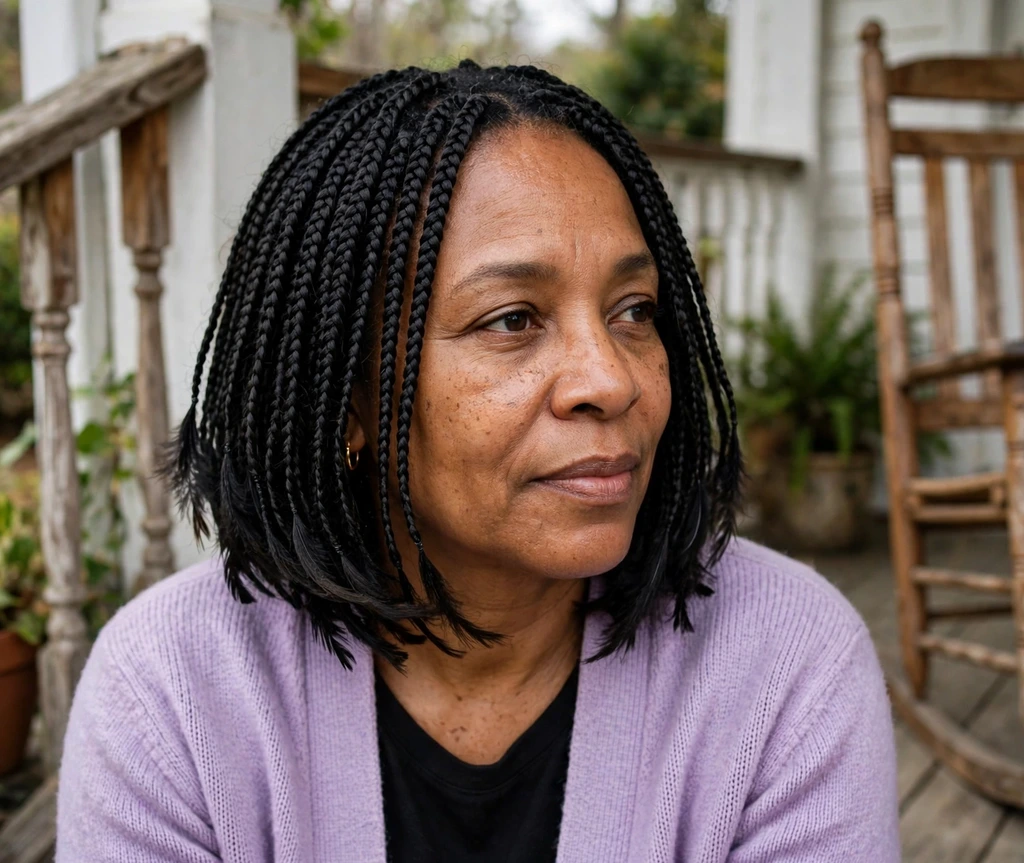 Black woman with layered bob box braids on a front porch