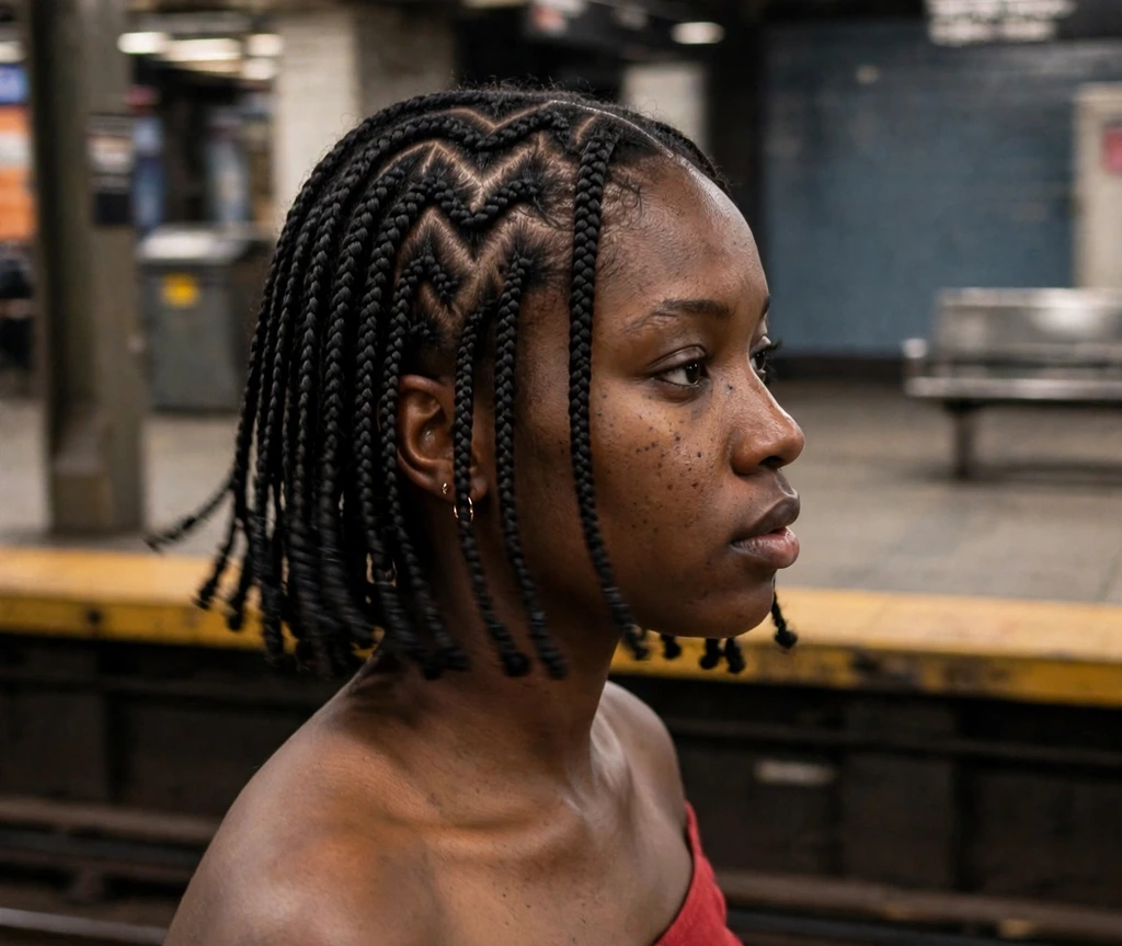 Black woman with zigzag-part short box braids on a subway platform
