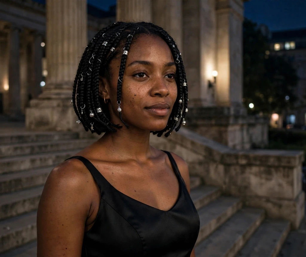 Black woman with short box braids with silver hair jewelry on museum steps