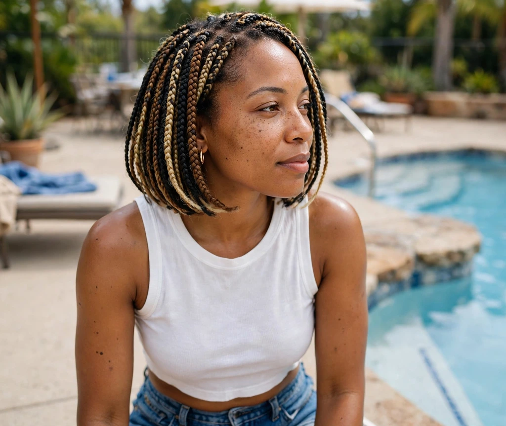 Black woman with tri-color short box braids on a pool deck