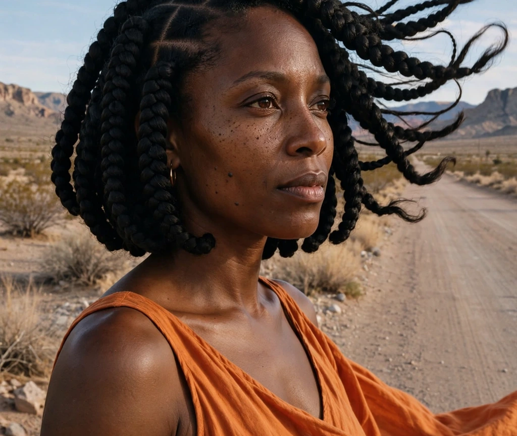 Black woman with short jumbo box braids on a desert roadside