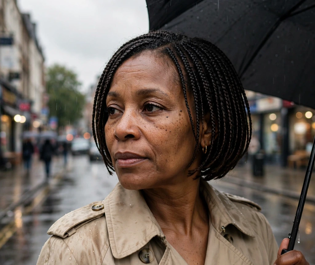 Black woman with short micro box braids on a rainy city street