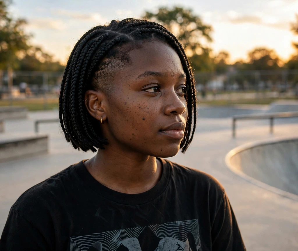 Black woman with bob box braids with a tapered undercut at a skate park