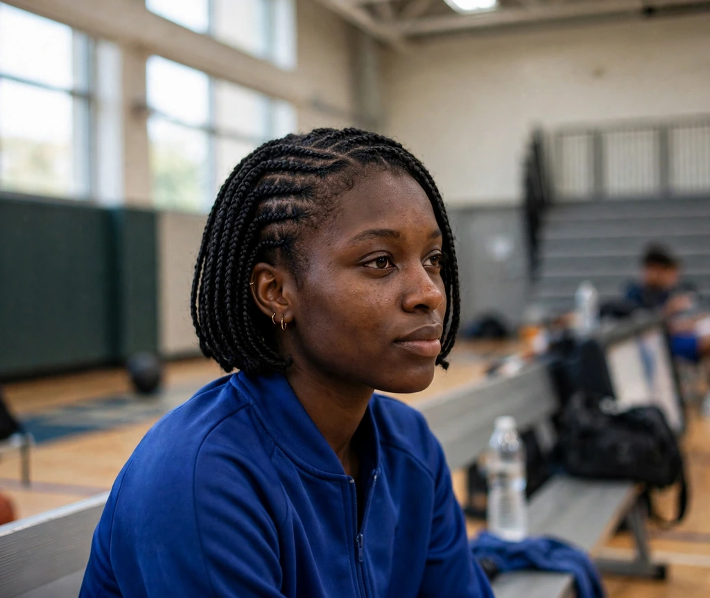 Black woman with short box braids with feed-in cornrows on basketball court sidelines