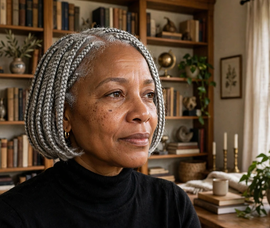 Black woman with silver grey bob box braids in a home library