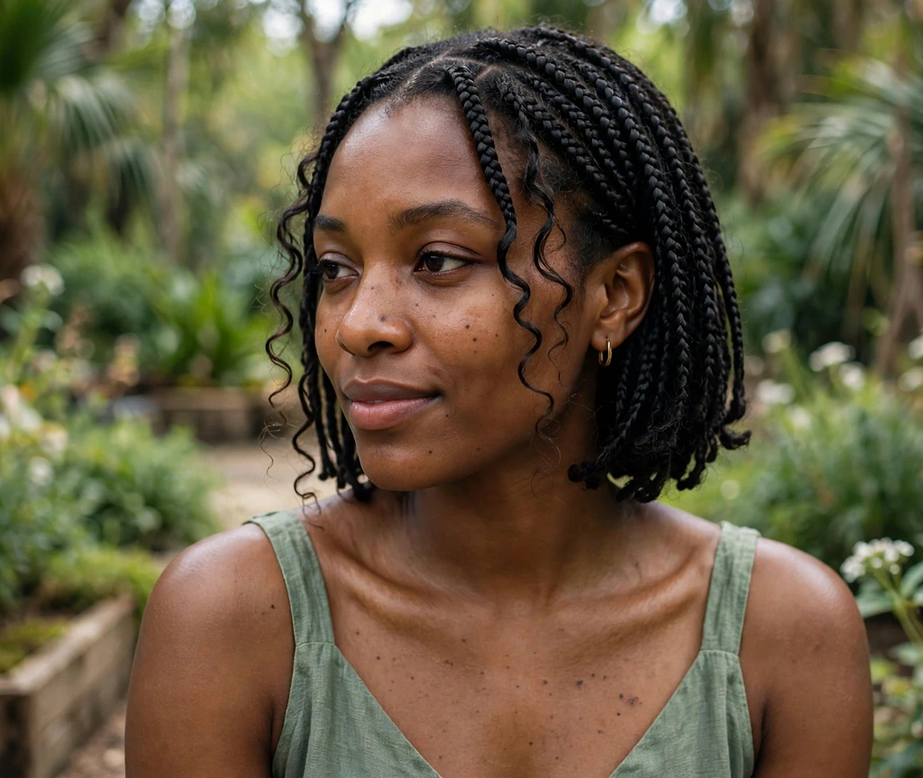 Black woman with short box braids with curly tendrils in a botanical garden