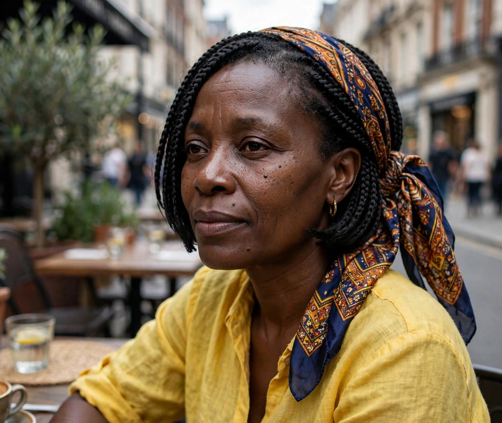 Black woman with short box braids with a silk scarf at a street cafe