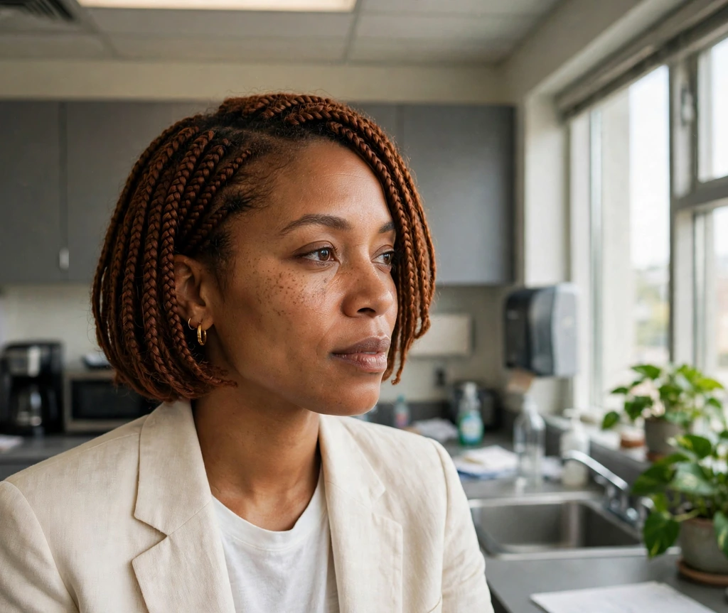 Black woman with auburn bob box braids by an office window