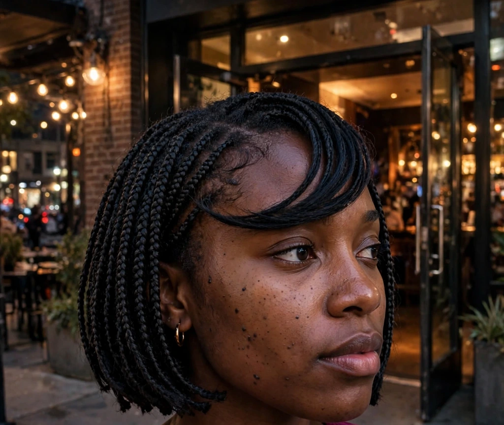Black woman with short box braids with a swoop bang at a nightclub entrance