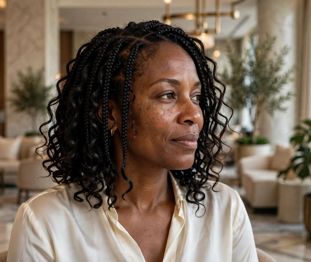 Black woman with goddess short box braids in a luxury hotel lobby