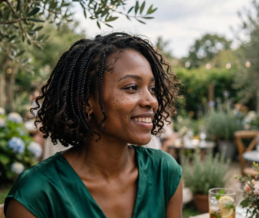 Black woman with short boho bob braids at an outdoor garden party