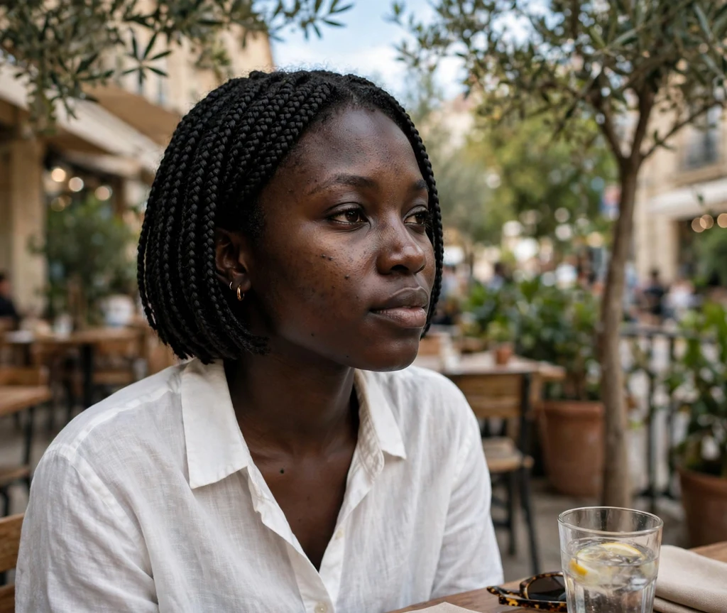 Black woman with classic short bob box braids at a café terrace