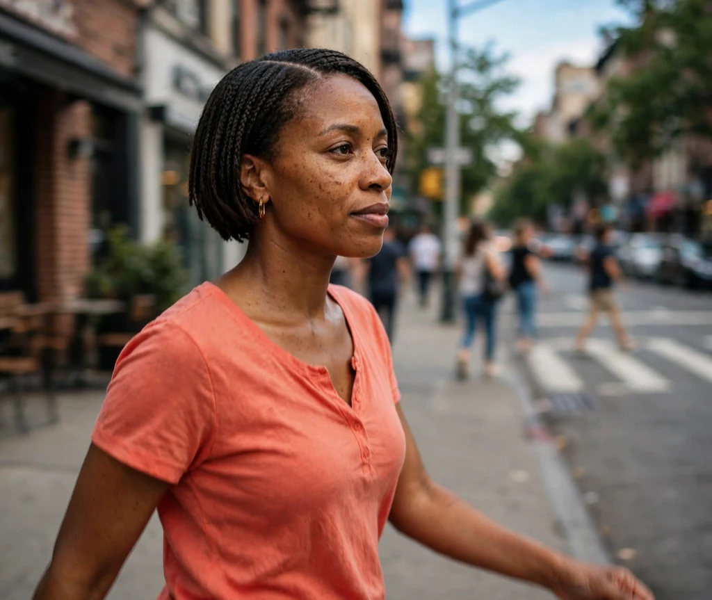 Black woman with knotless bob braids and a middle part on a city street