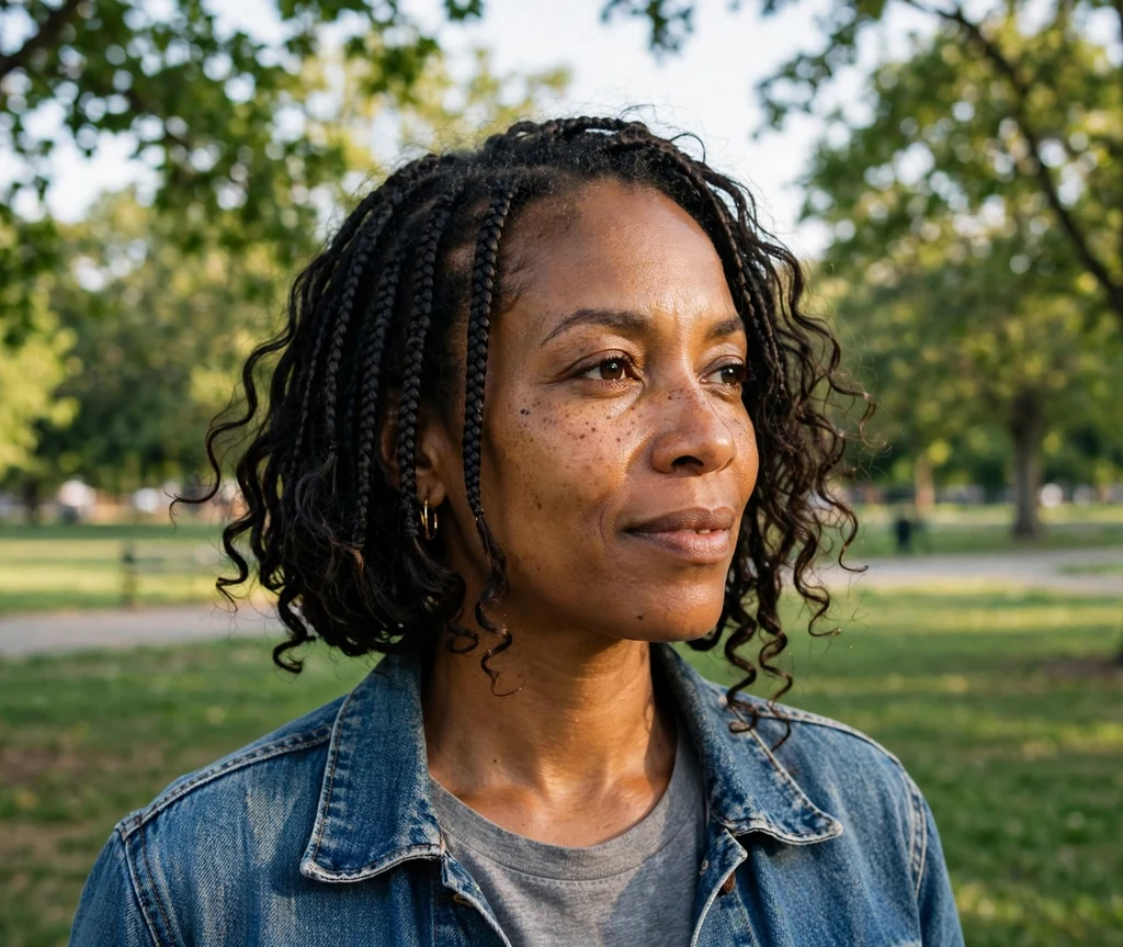 Black woman with short boho bob braids and loose curls in a park