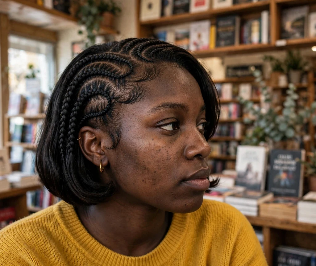 Black woman with a curved-part cornrow bob in a bookstore
