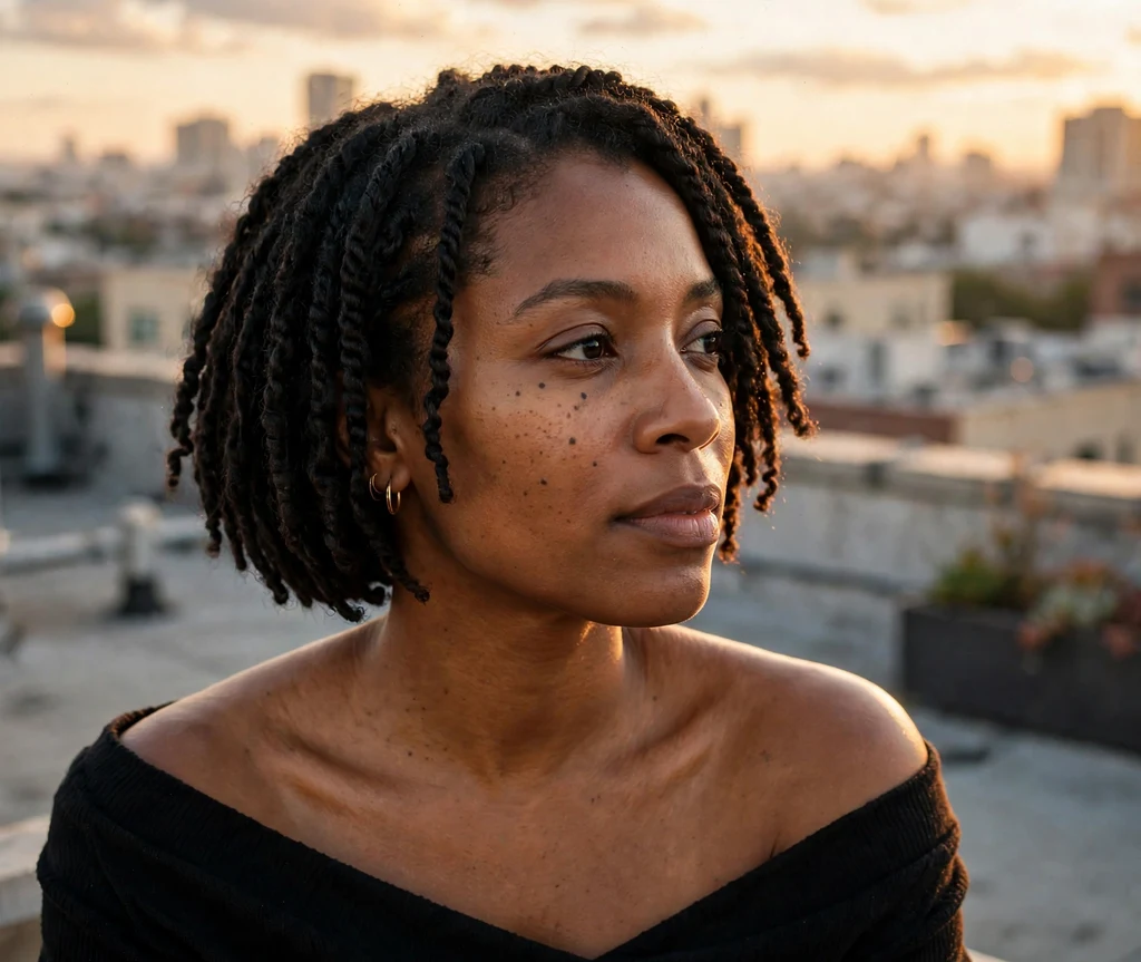 Black woman with short passion twists bob on a rooftop