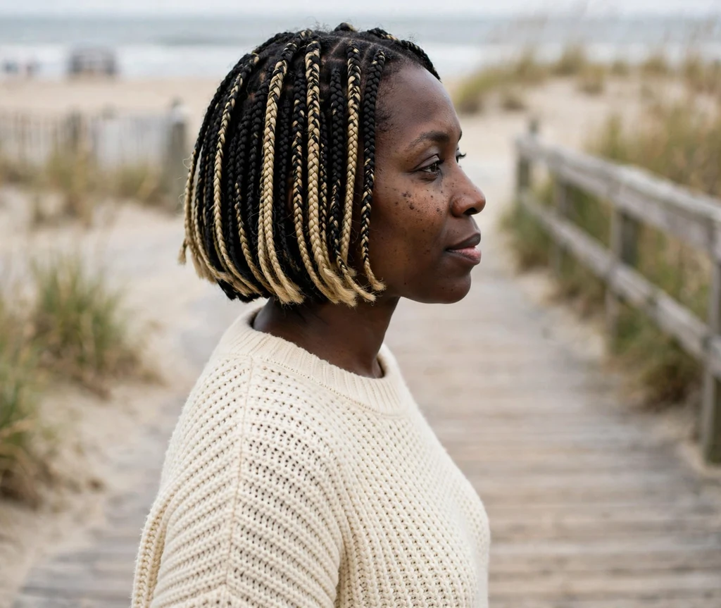 Black woman with a braided bob with blonde highlights on a beach boardwalk
