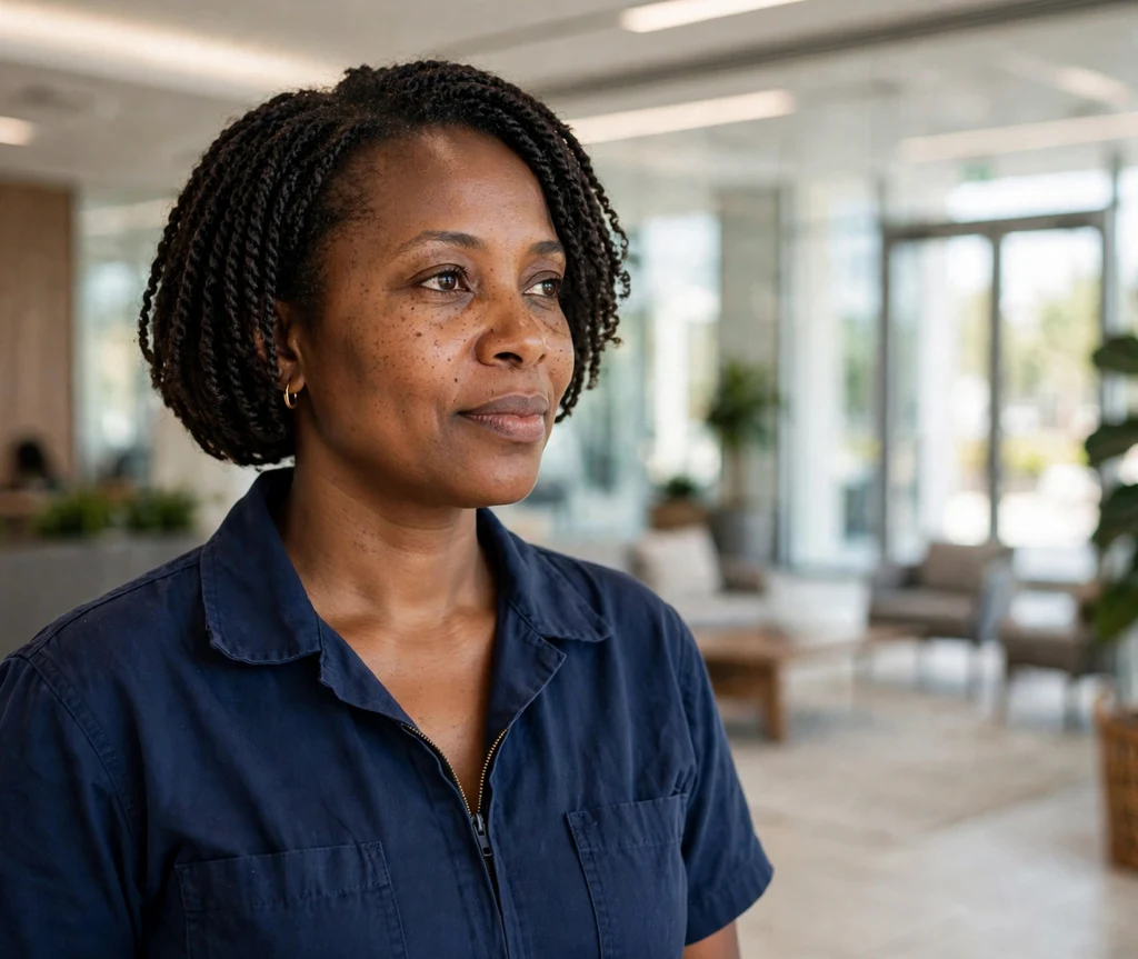 Black woman with a short Senegalese twist bob in an office lobby