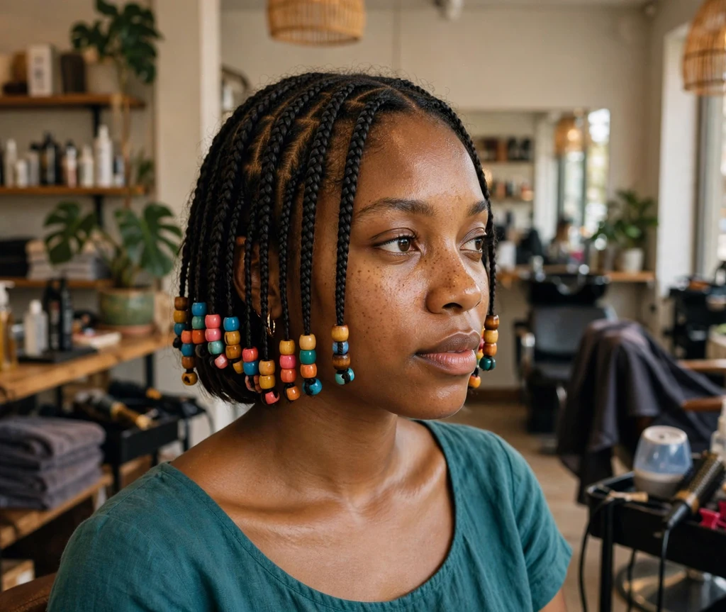 Black woman with feed-in cornrow bob with beads in a salon