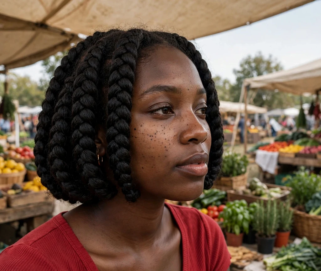 Black woman with short jumbo braid bob at a farmers market