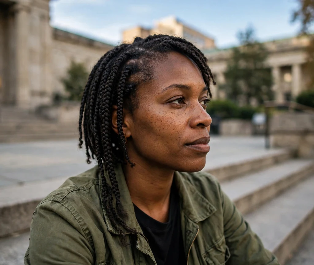 Black woman with an asymmetrical braided bob on museum steps