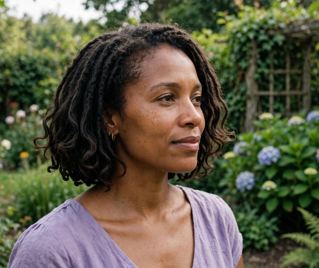 Black woman with short goddess locs bob in a garden