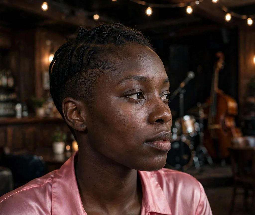 Black woman with a tapered braided pixie at a jazz club