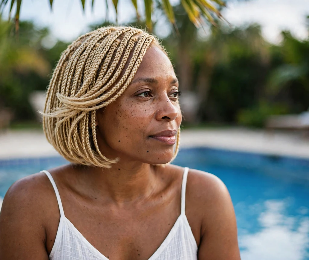 Black woman with short lemonade braids bob by a pool