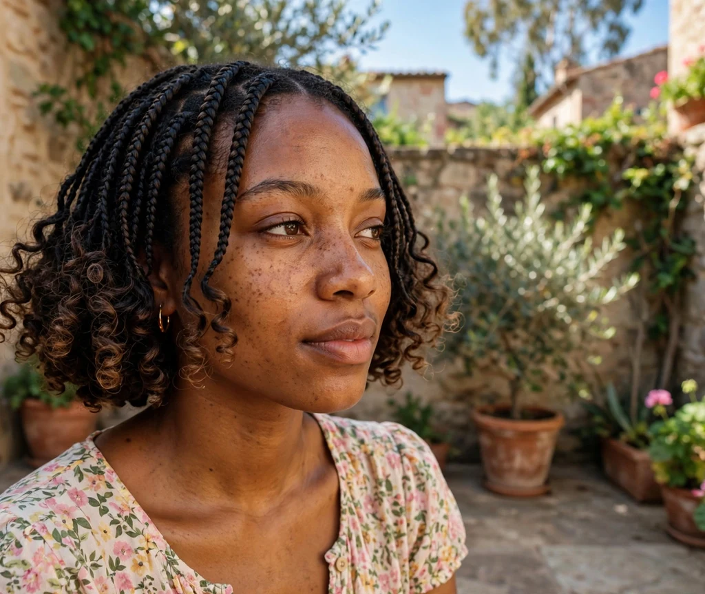 Black woman with curly ends braided bob in a courtyard