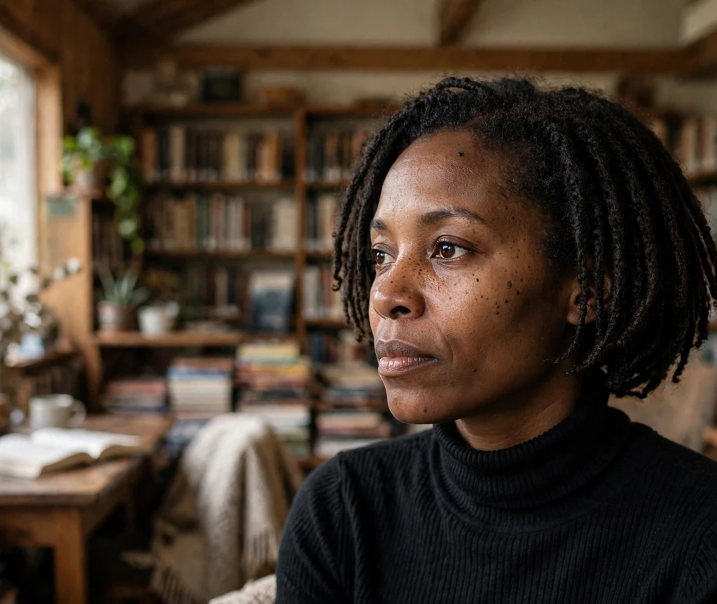 Black woman with short Marley twist bob in a library