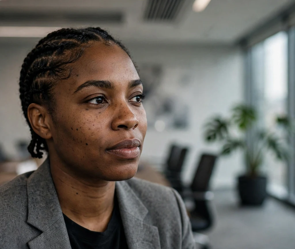 Black woman with sleek short stitch braids in a conference room