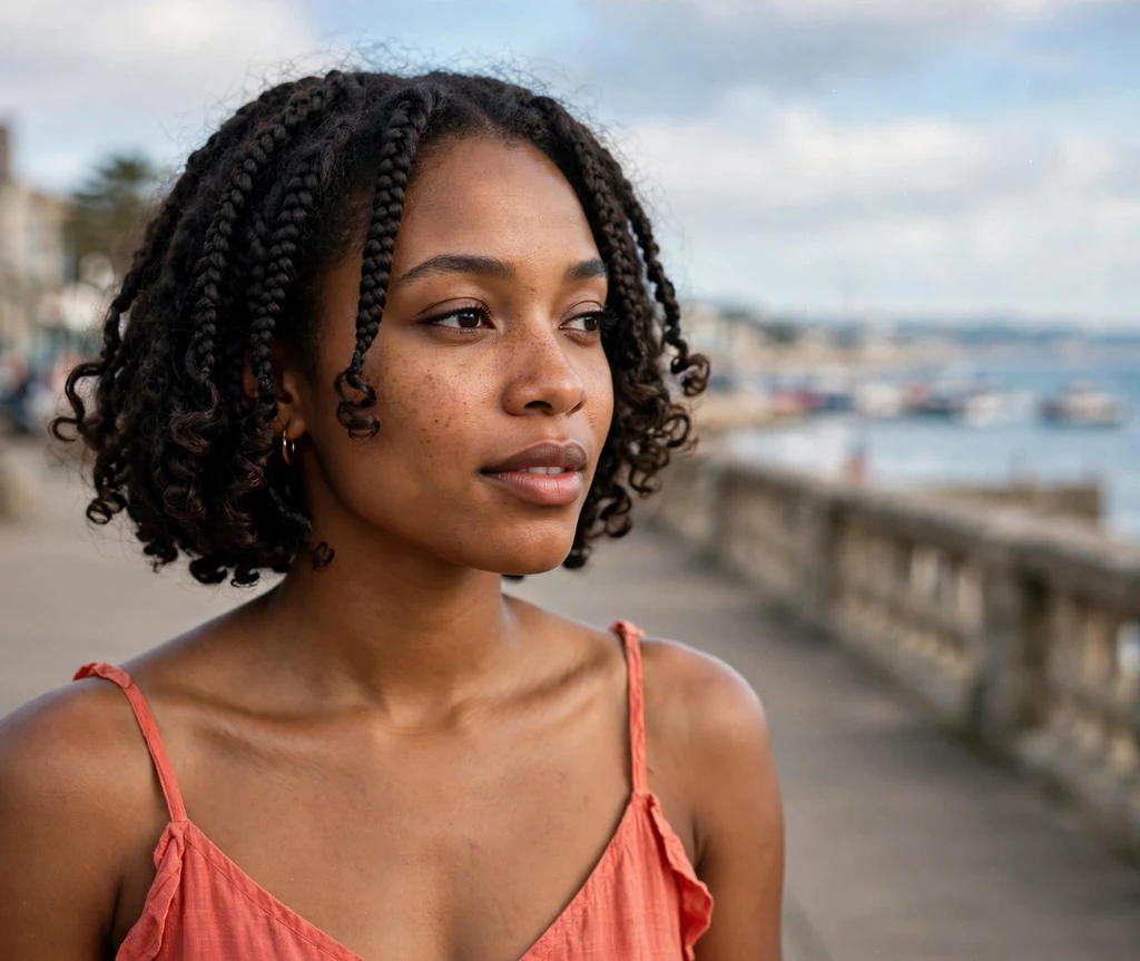 Black woman with short French curls bob braids on a seaside promenade
