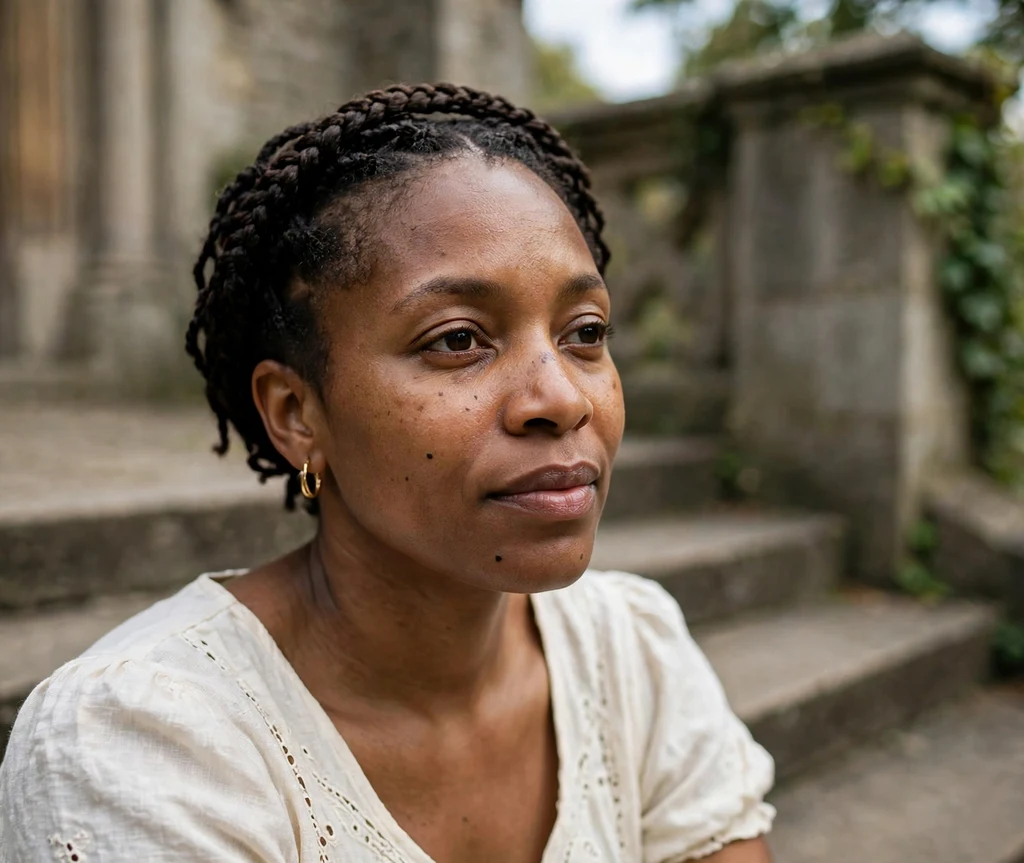 Black woman with a micro braid pixie cut on a restaurant patio