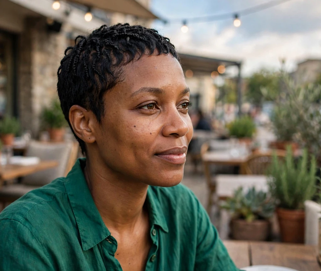 Black woman with a short halo crown braid on church steps