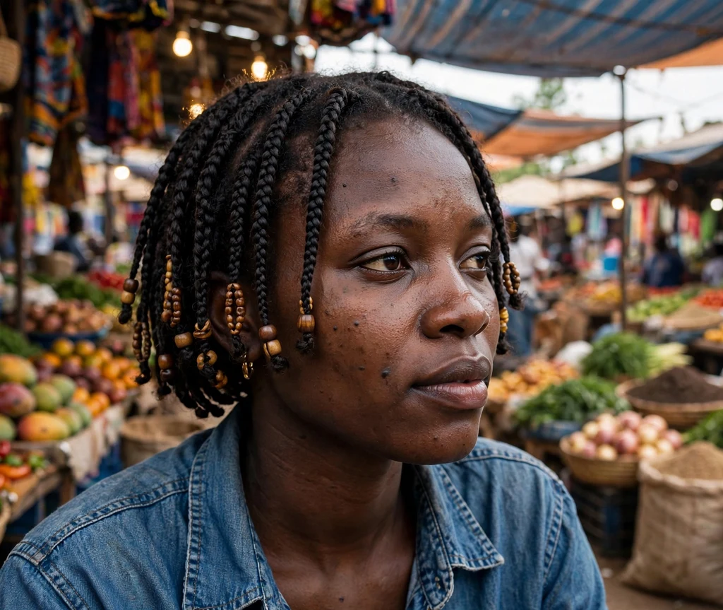Black woman with short Fulani braids bob at a street market
