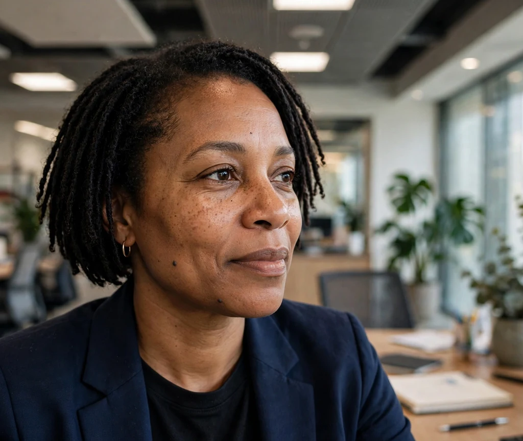 Black woman with short invisible locs bob in a modern office