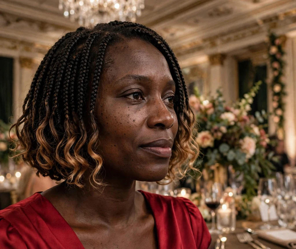 Black woman with a braided bob with wavy ombre ends at a gala hall