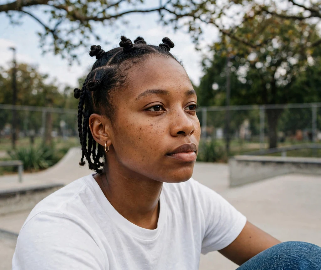 Black woman with short knotless braids and bantu knots at a skate park