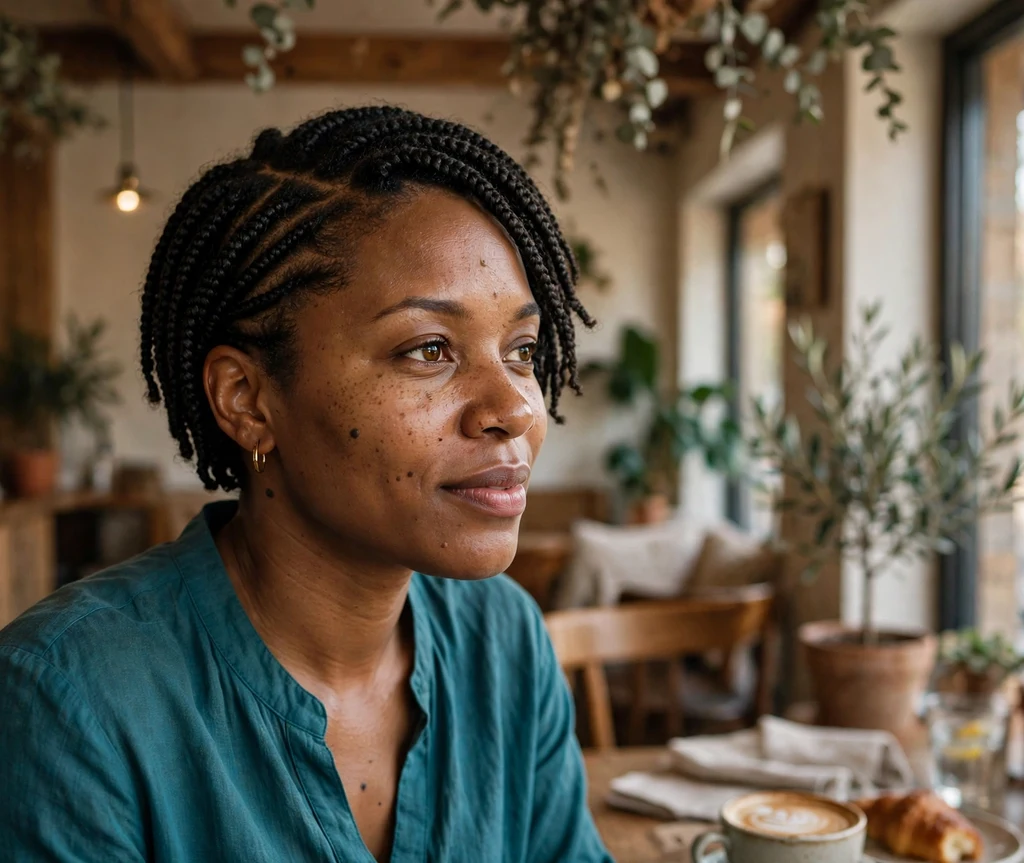 Black woman with side-swept short box braids inside a café